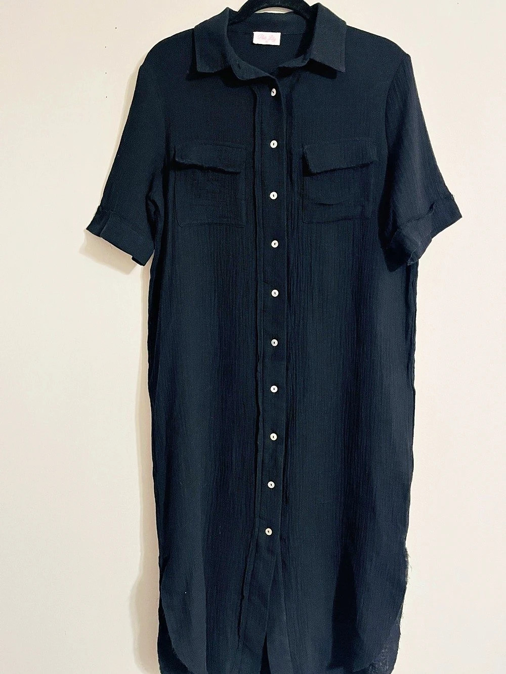 Pink Lily Black Textured Cotton Gauze Dress Maxi Shirt Dress Sz M MOP Buttons